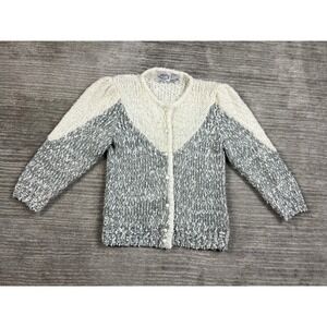 Helium Cardigan Women M Grey Cream Vintage 80s Chunky‎ Knit Puff Sleeve Chevron